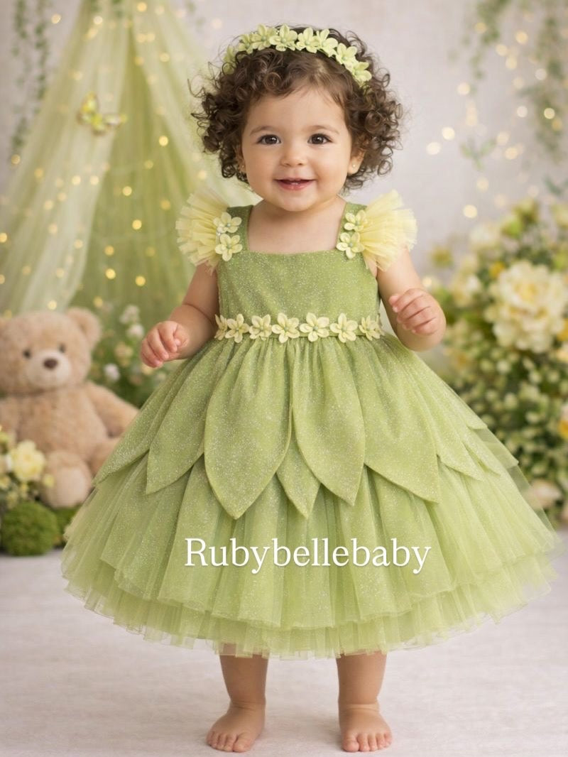 Green Fairy First Birthday Dress, Tulle Romper, Floral Headband & Shoe RUBYBELLEBABY Green Fairy First Birthday Dress, Tulle Romper, Floral Headband & Shoe RUBYBELLEBABY