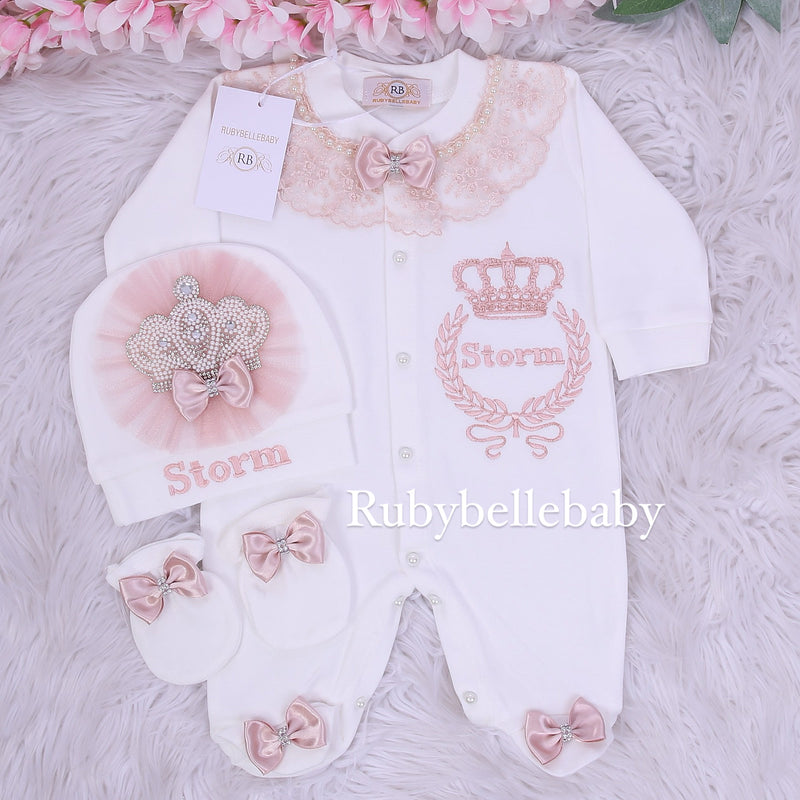 3pcs Jewel Crown Baby Girl Outfit -  Blush