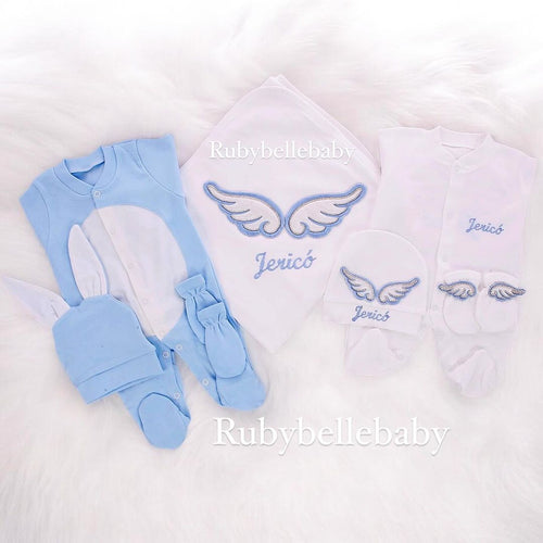 7pcs Bunny Baby Romper Set - White/Blue