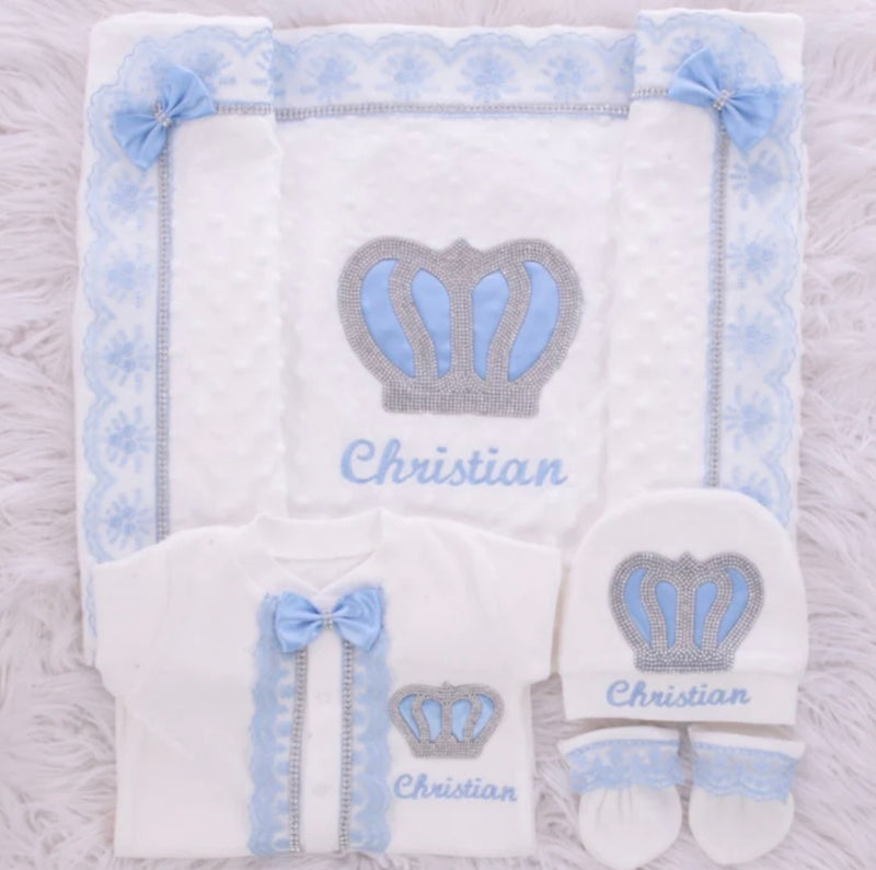 4pcs HRH Crown Royal Baby Boy Outfit - Light Blue/Silver or Gold