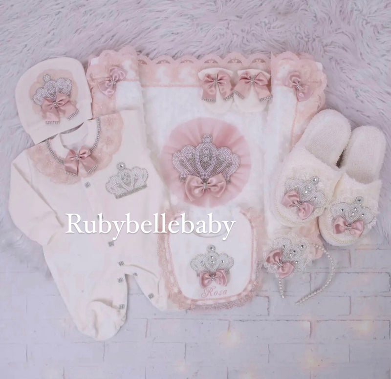 7pcs Jeweled Crown Mommy & Me Blanket Set - Blush