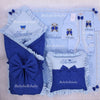 Personalized Baby Boy Blue Teddy Newborn Set Custom Name Blanket, Bow Pillow, Swaddle & Outfit Luxury Coming Home Gift Set