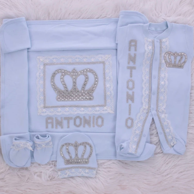 4pcs Royal Crown Baby Outfit - Light Blue/Silver or Gold