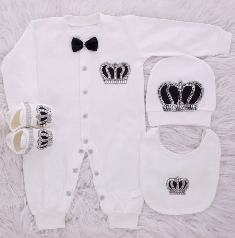 4pcs HRH Crown Baby Outfit -Black/Silver or Gold