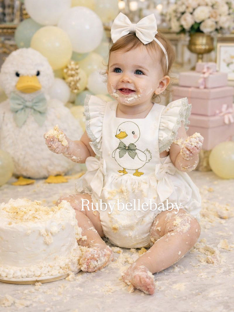 Luxury Duck Birthday Dress and Cake Smash Romper – Personalized First Birthday Outfit 1T