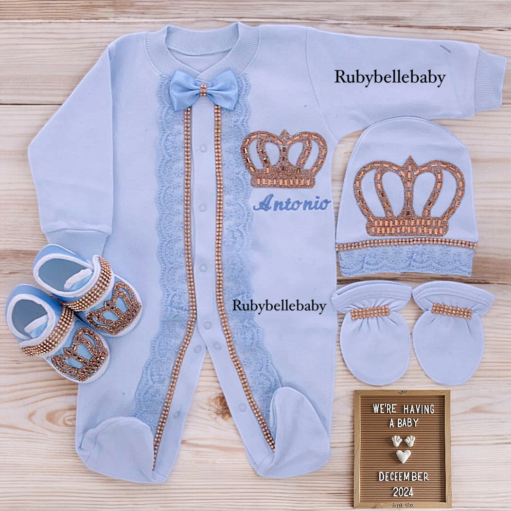 4pcs HRH crown Newborn Coming Home Outfit Set Blue - Main Image