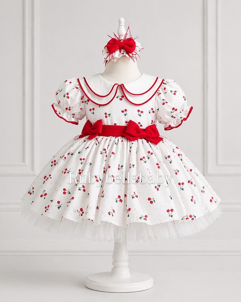 summer baby girl retail dress Cherry Print Dress, First Birthday Toddler Party Outfit, Boutique Princess Style 6-9M please choose according to Size:L (US 8 / UK 12) Women Ready To Wear Sleeveless Casual Red Dresses
