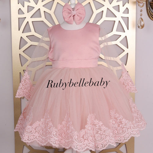 Blush Pink Lace & Tulle Baby Girl Dress with Statement Bow – Special Occasion, Birthday, Christening, or Flower Girl Outfit