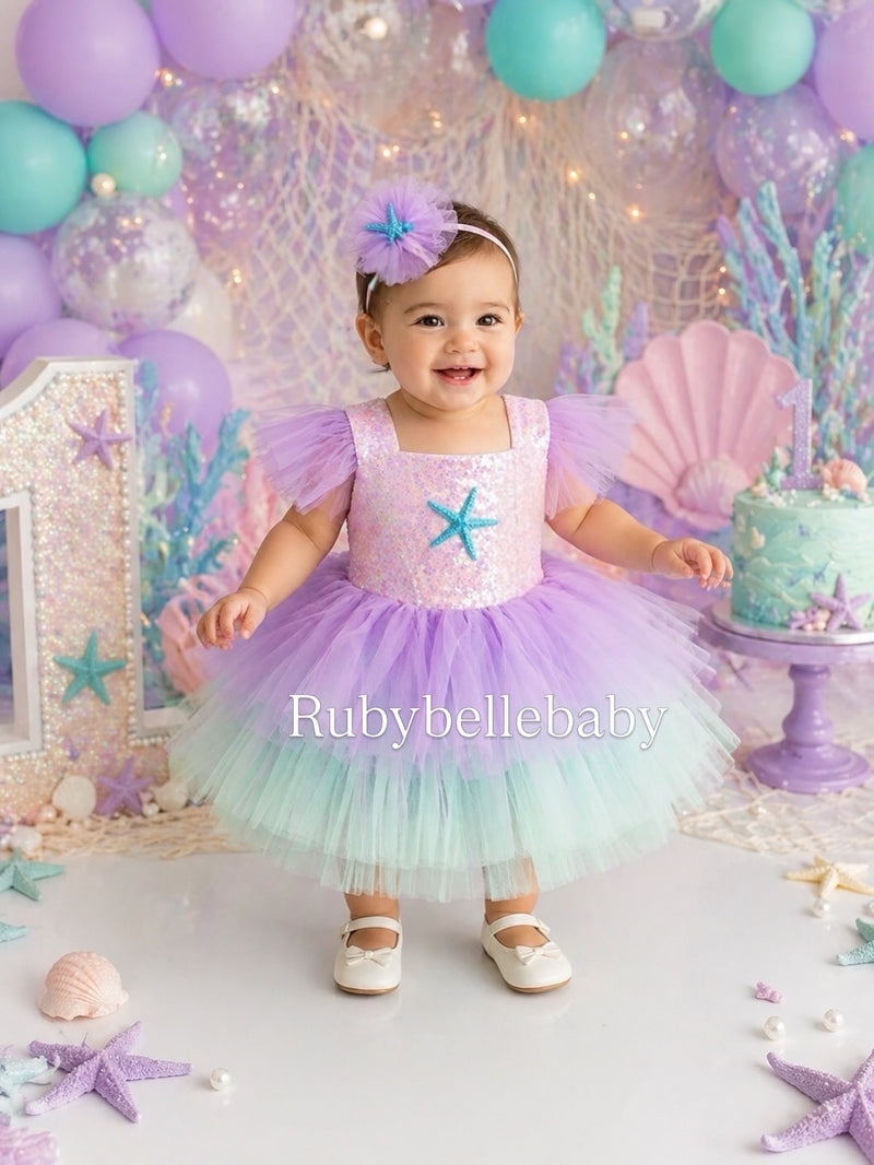 Mermaid Tutu Dress, Lavender Mint Ombre, Starfish Sequin, Baby Girl First Birthday Outfit 3-6M