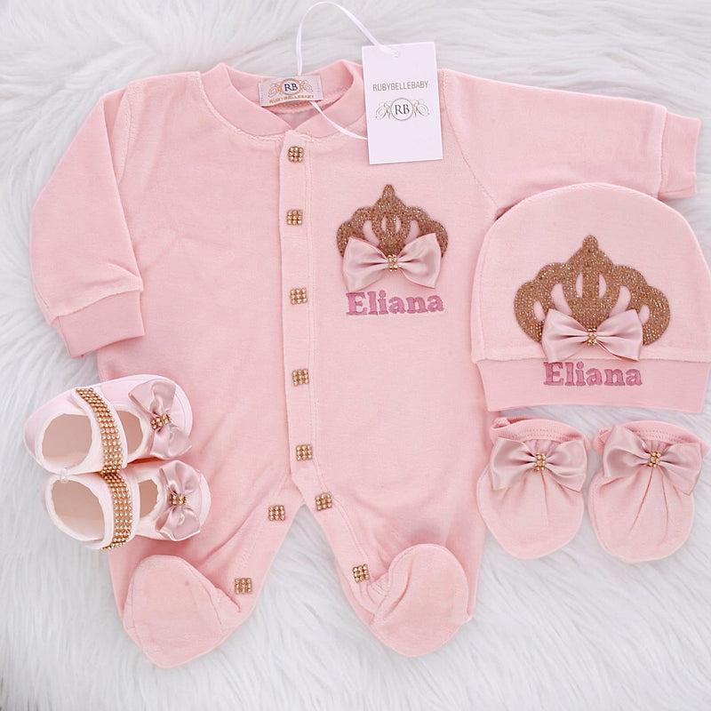 4pcs Princess Crown Velvet Set - Blush/Gold