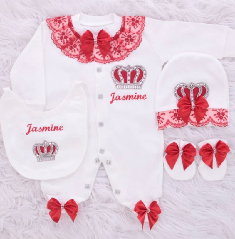 4pcs HRH Crown Royal Baby Girl Outfit - Red/Silver or Gold