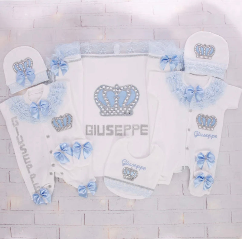 8pcs HRH Crown Baby Outfit -Light Blue/Silver or Gold