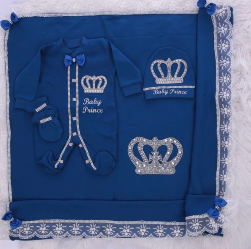 4pcs HRH Crown Baby Outfit - Blue/Silver or Gold