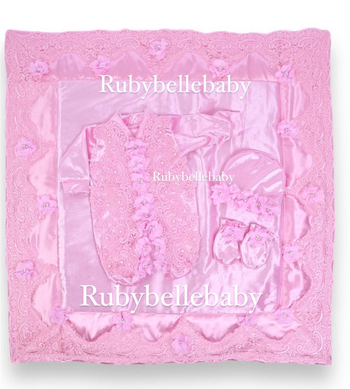 4pcs Luxury 3D Roses Velvet Blanket Romper Set - Blush