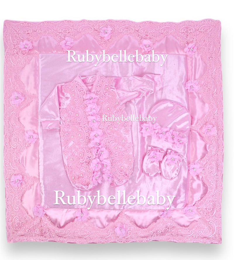 4pcs Luxury 3D Roses Velvet Blanket Romper Set - Light Pink