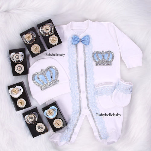 4pcs HRH Crown Baby Boy Coming Home Outfit with Pacifier Set - Blue