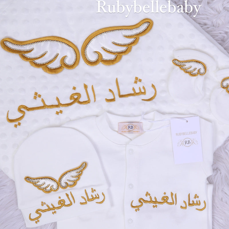 4pcs Bling Baby Blanket Rhinestone Wings Set - White/Gold