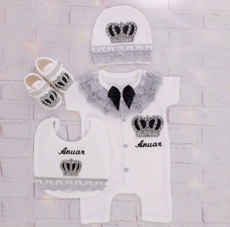 4pcs HRH Crown Baby Outfit - Black/Silver or Gold