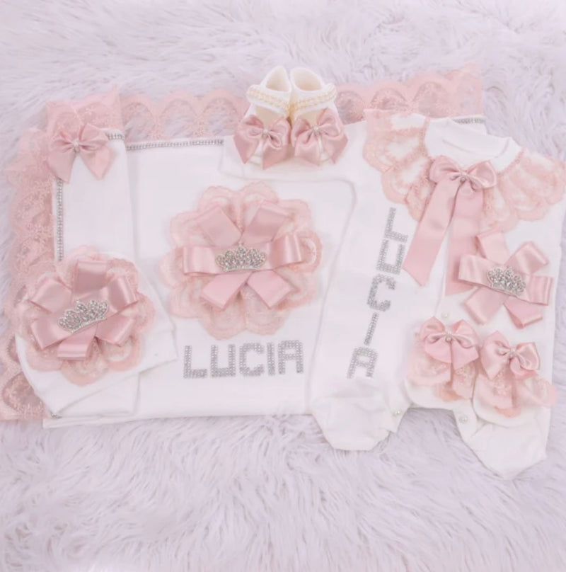 5pcs Rosette Bling Baby Girl Outfit Blanket Set - Blush