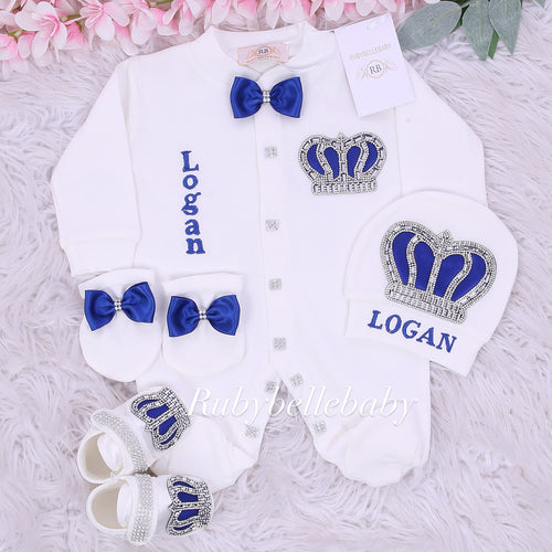 4pcs HRH Crown Baby Boy Outfit - Blue/Silver