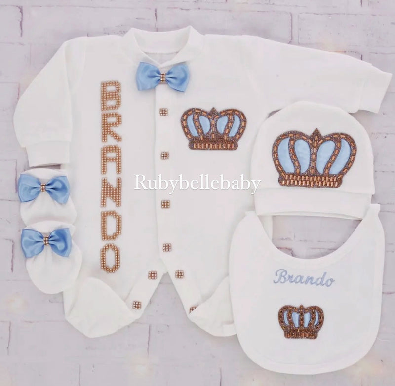 4pcs Infant Boy Outfit - White/Blue