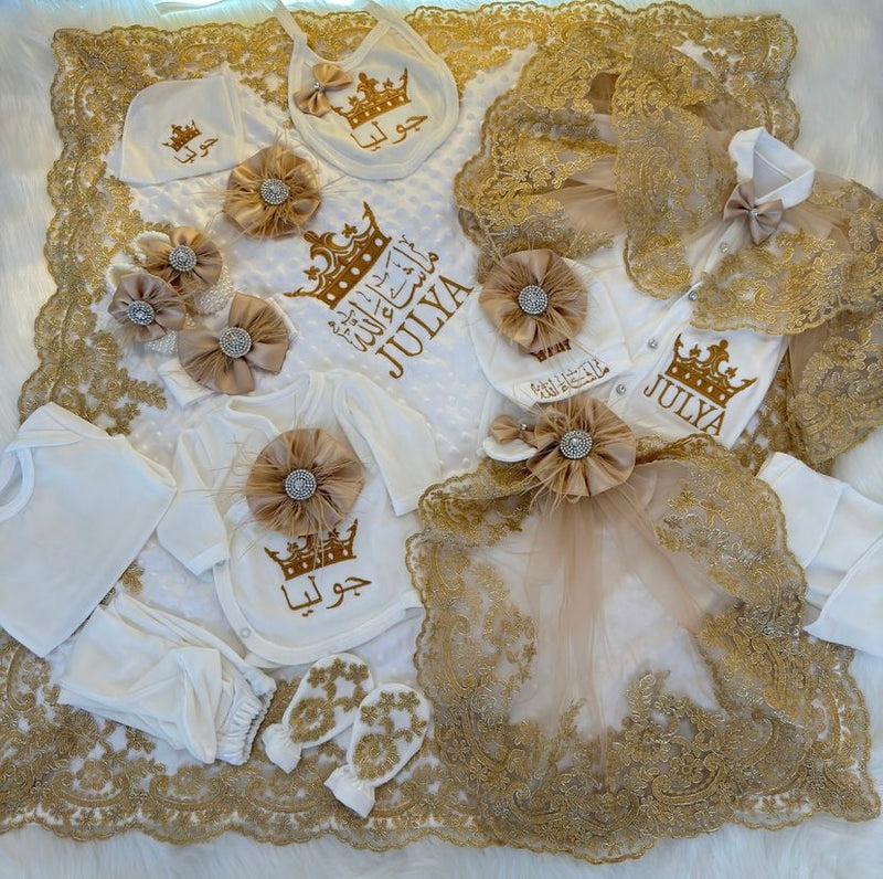 12pcs Crown Baby Girl Luxury Lace Clothing Set - White and Gold