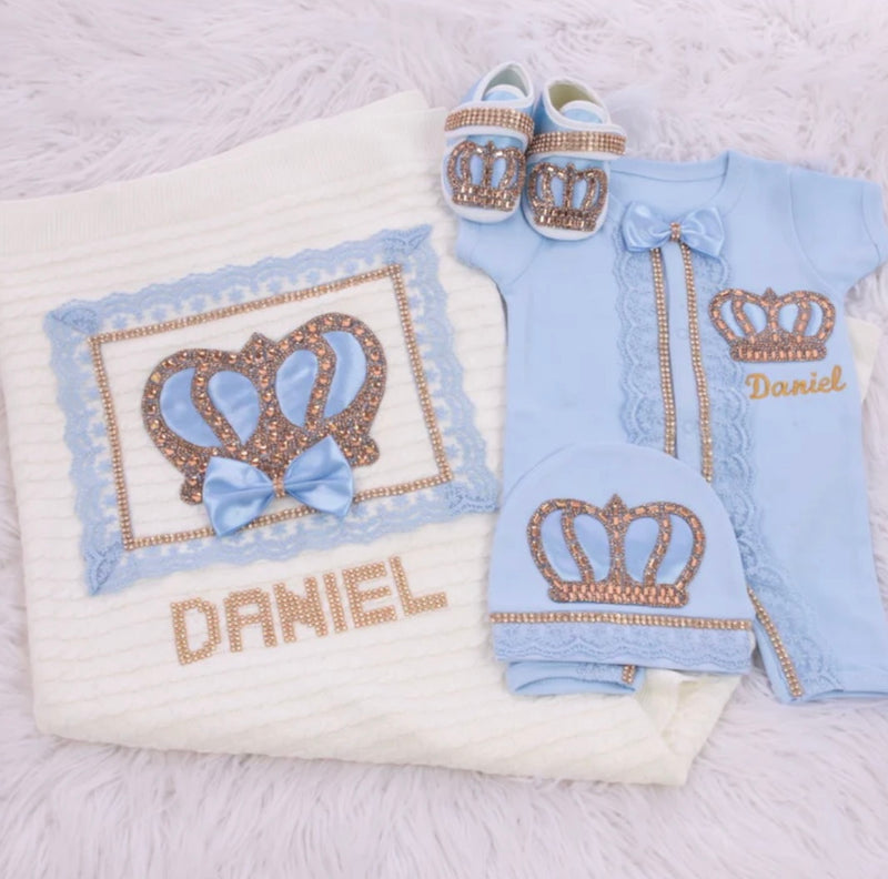 4pcs HRH Crown Baby Outfit Wool Baby Blanket - Light Blue/Silver or Gold