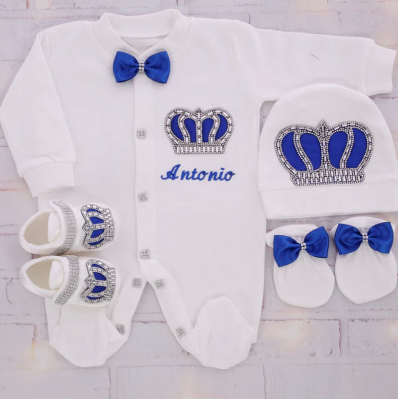 4pcs HRH Crown Baby Outfit - Royal Blue/Silver or Gold