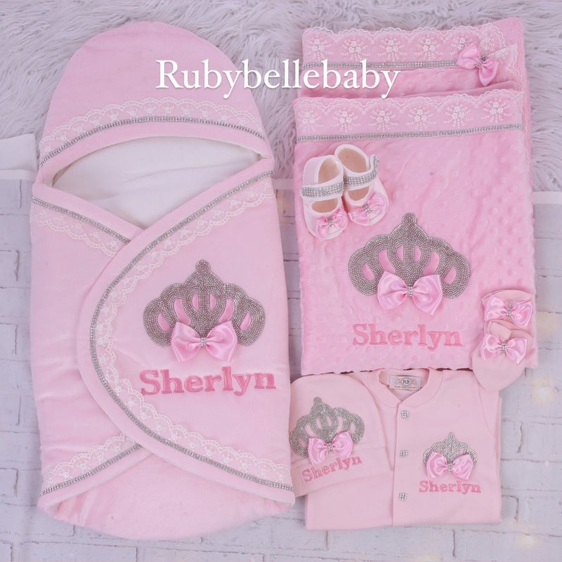 6pcs Princess Crown Velvet Swaddle Set - Pink