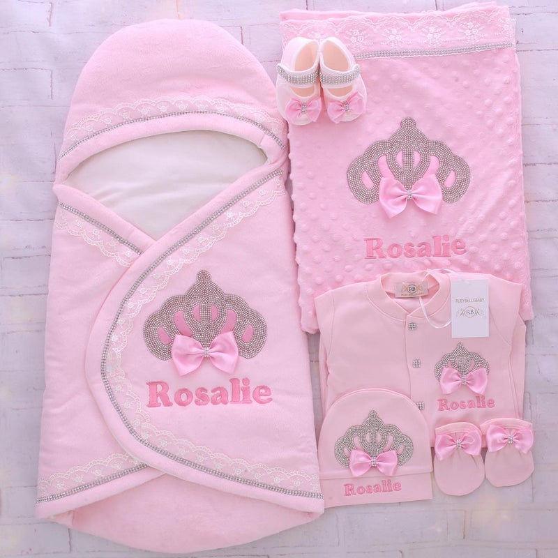 6pcs Princess Crown Velvet Swaddle Set - Pink