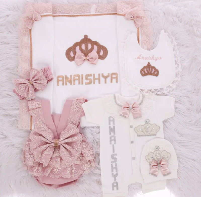 6pcs Ava Baby Lace Romper Girl Outfit Blanket Set - Blush