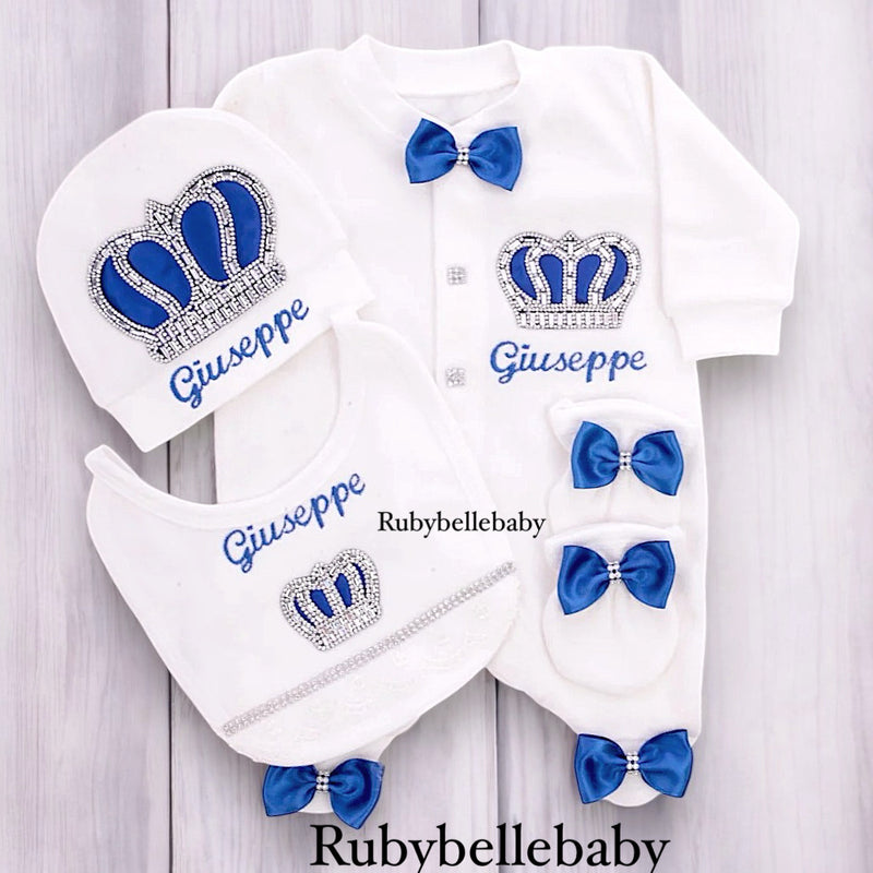 4pcs HRH Crown Baby Boy Coming Home Outfit with Bib - Blue