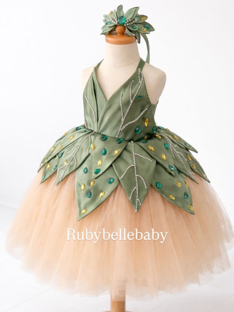 Fairy First Birthday Dress  Sage Green Leaf Outfit with Rhinestones 6-12M
