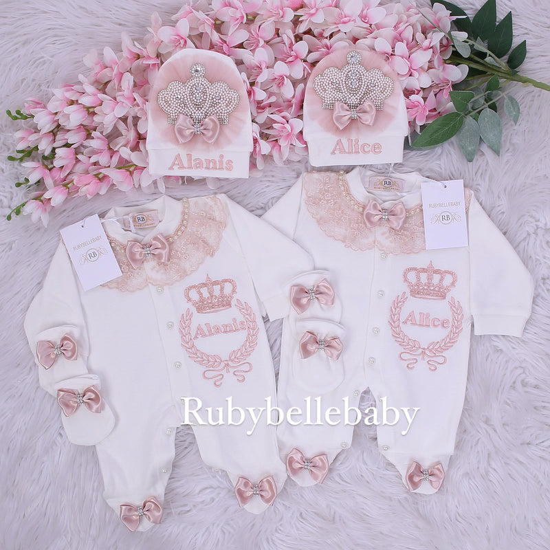 3pcs Jewel Crown Baby Girl Outfit -  Blush