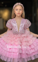 Alina Flower Girls Party Beaded Sequin Dress Set - Pink