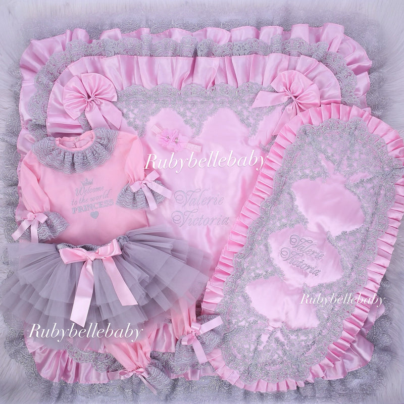 Luxury 6pcs Baby Girl Take Me Home Ruffle Lace Blanket Set - All colors