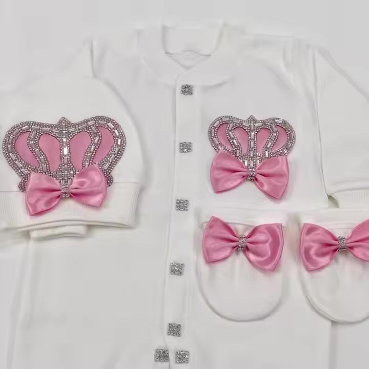 4pcs HRH Crown Baby Outfit - Pink/Silver or Gold