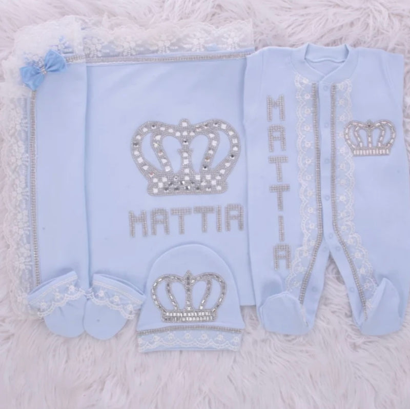 4pcs HRH Crown Prince Baby Boy Outfit - Light Blue/Silver or Gold