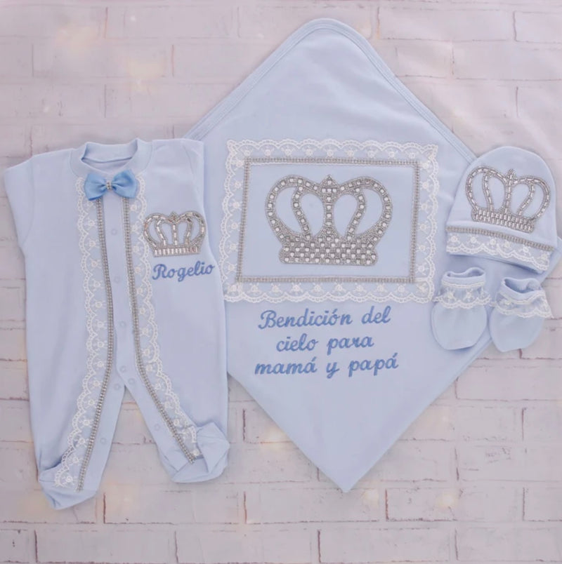 4pcs HRH Crown Prince Baby Boy Outfit - Light Blue/Silver or Gold