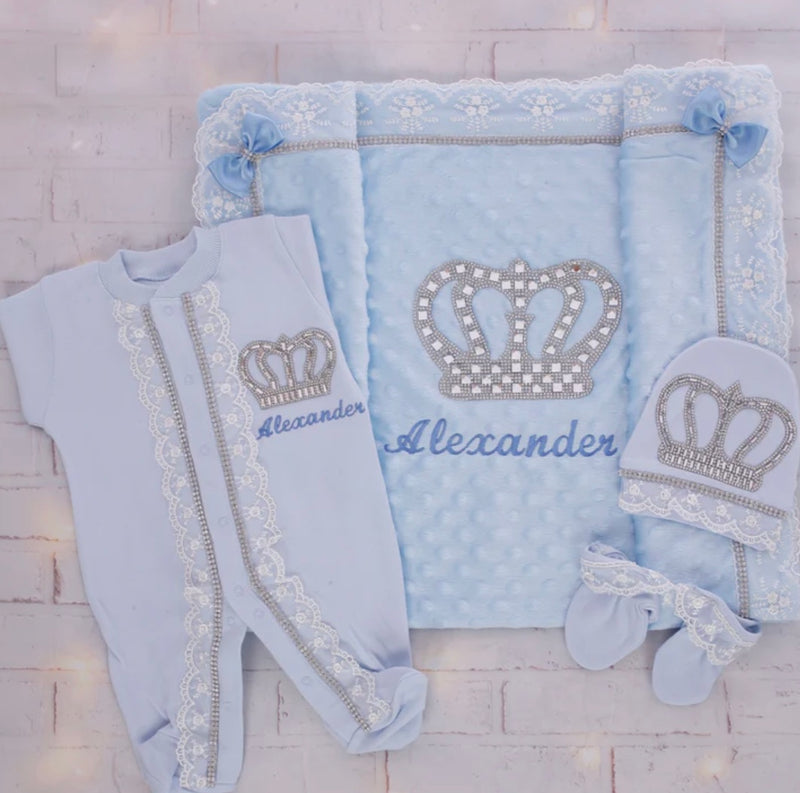 4pcs HRH Crown Baby Outfit - Light Blue/Silver or Gold