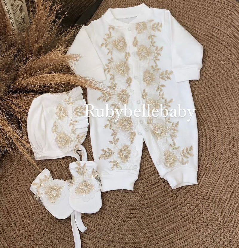 3pcs Sofia Floral New Baby Gift Set - White/Gold