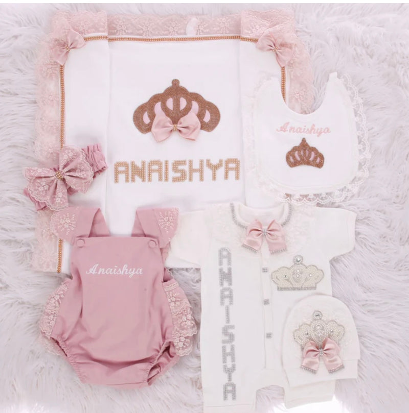 6pcs Ava Baby Lace Romper Girl Outfit Blanket Set - Blush