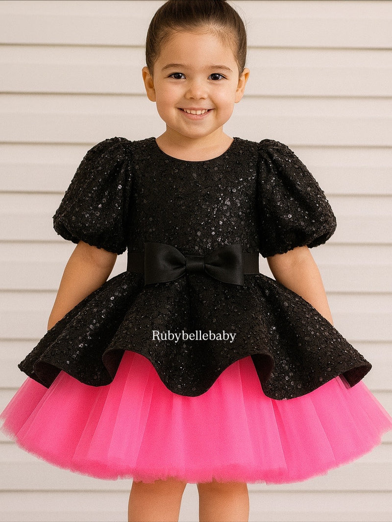 Ella Puff Sleeve Peplum Tulle Sequin Party Girls Dress – Black & Pink 2T