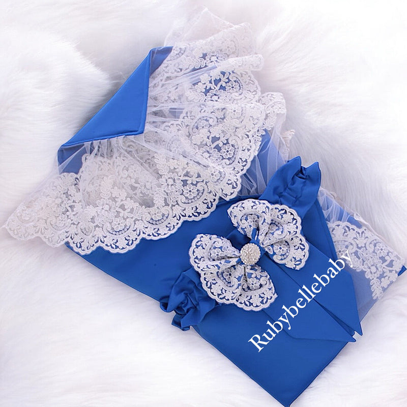 Silk Satin Lace Baby Swaddle - Blue