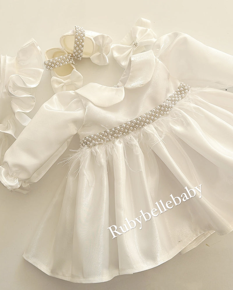 Maya Beaded Waist Baby Girl Dress - White