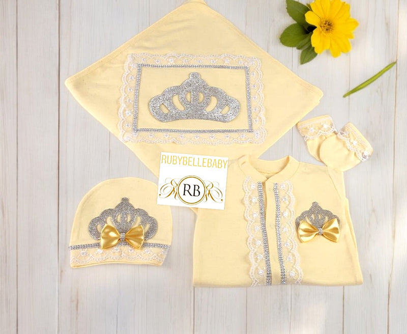 4pcs Princess Crown Blanket Set - Yellow