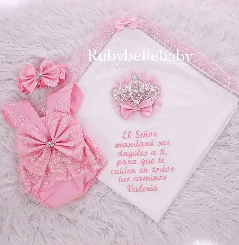 3pcs Princess Crown Ava Romper and Jewel Blanket Set - Pink/White