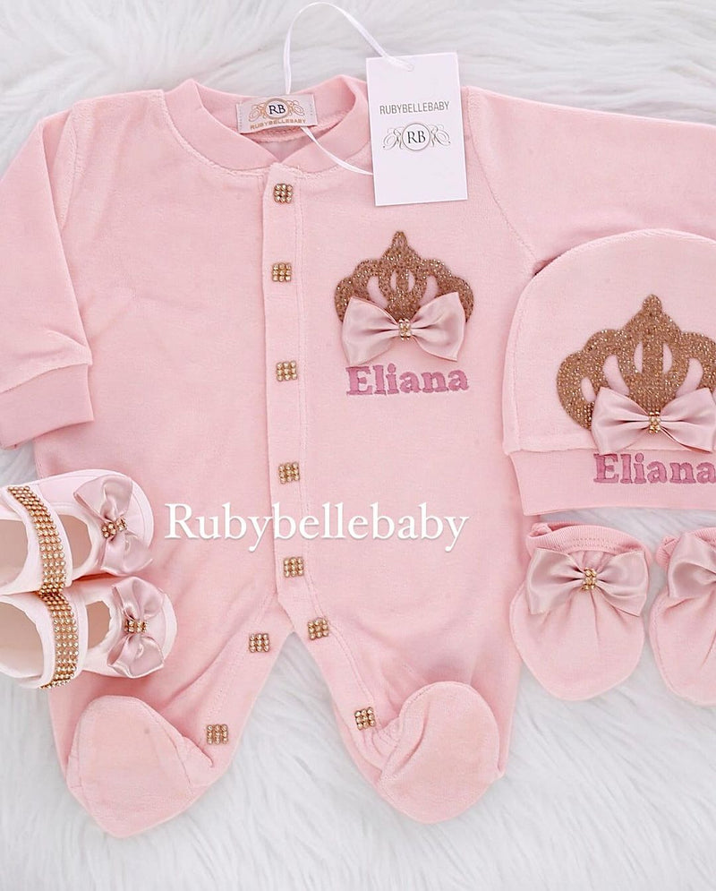 4pcs Princess Crown Velvet Set - Blush/Gold