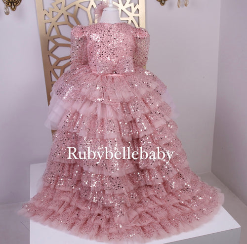 Tealiah Beaded Sequin Dress with Train - Blush Pink