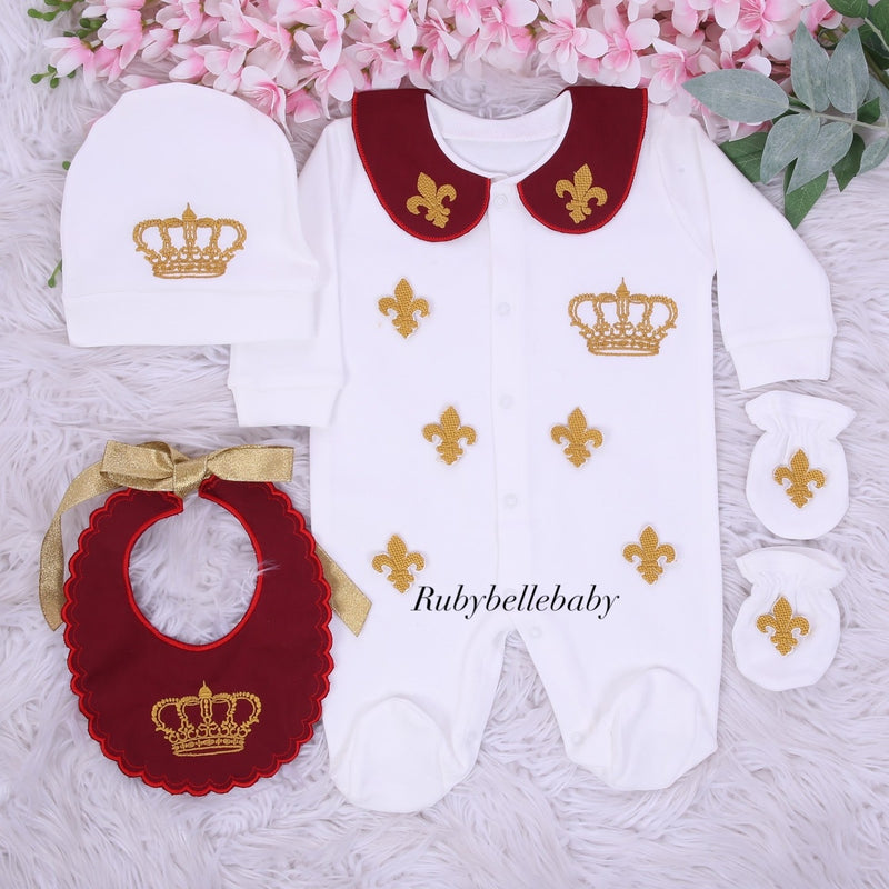 Full Fleur de Lis 4pcs Newborn Baby Take Me Home Crown Outfit